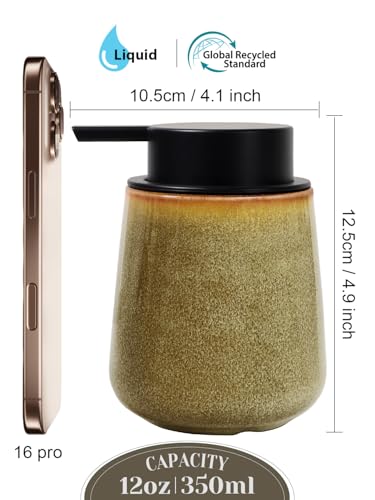 INGOFIN Ceramic Lotion Dispenser - 12 oz Refillable Hand Soap Dispenser Bathroom, Modern Liquid Soap Dispenser with Pump, Dish Dispenser for Kitchen,Kiln-Glazed Earthy Greenish-Brown - color: Kiln-glazed Greenish Brown-liquid