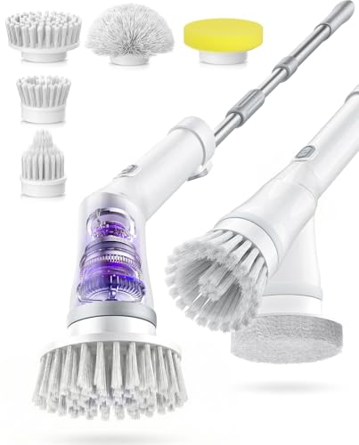 Electric Spin Scrubber, Cordless Shower Scrubber with 5 Replaceable Heads & Adjustable Extension Handle, 2 Speeds & IPX7 Waterproof Cleaning Brush for Bathroom Floor Tile and Grout, White-tb1 - size: 5heads