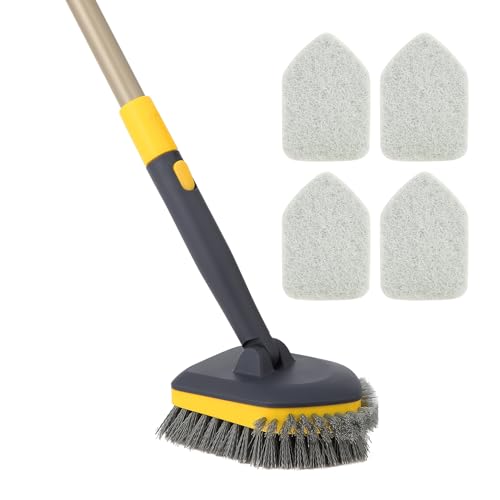 Yocada Tub Tile Scrubber Brush 2 in 1 Cleaning Brush Telescopic Pole Stiff Edge Bristles 4*Scouring Pads for Bathroom Shower Floor Corner Cleaning Non Scratch 58.2"