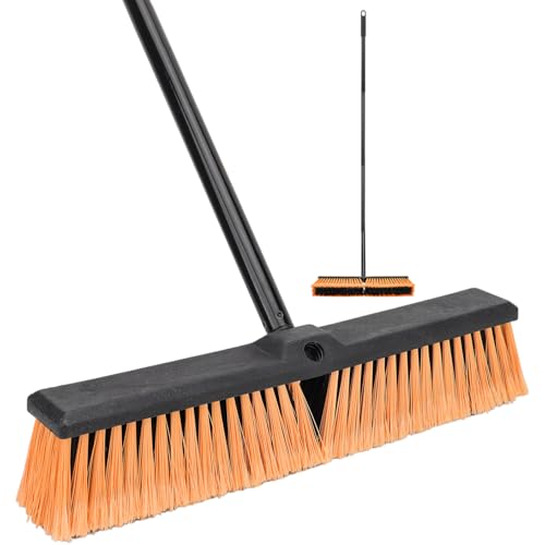 18 Inches Push Broom Outdoor- Heavy Duty Commercial Broom with 64.5" Long Handle and Stiff Bristles for Patio Garage Deck Concrete Wood Stone Tile Driveway Yard Warehouse Shop Floor Cleaning Broom - color: Orange - 18 Inch