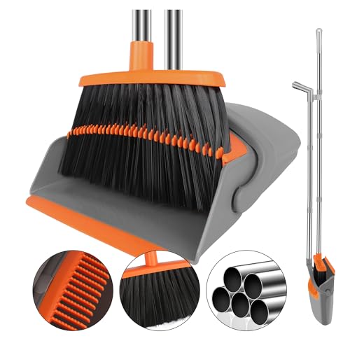 Broom with Dustpan Combo Set, 51" Household Dustpans and Broom, Standing Dust Pan Set for Home, Cleaning Set for Kitchen Lobby Indoor Outdoor - color: Orange, size: Normal