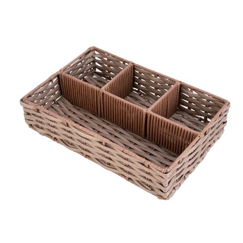 Whitmor 4-Compartment Woven Storage Basket with Dividers, Divided Makeup Organizer and Drawer Split Rattique Bin for Bathroom Countertop, Vanity, Office Desk, 11.8x7.9x2.8 Inches, Light Brown