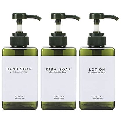 Plastic Refillable Hand Soap Dispenser Modern Square Pump Bottle for Bathroom Vanities or Kitchen Sink, Countertops - 3 Packs with Waterproof Label(Green) - color: 3 Bottles-green
