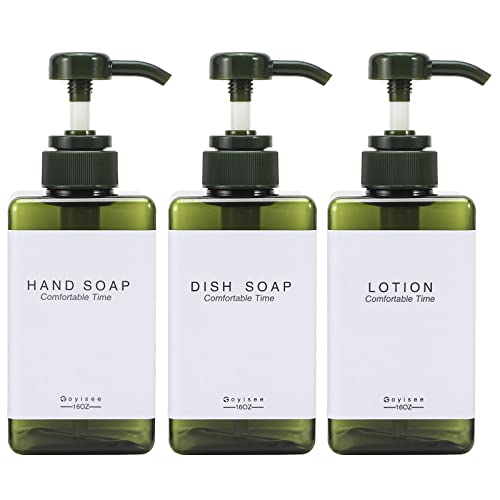 Plastic Refillable Hand Soap Dispenser Modern Square Pump Bottle for Bathroom Vanities or Kitchen Sink, Countertops - 3 Packs with Waterproof Label(Green) - color: 3 Bottles-green