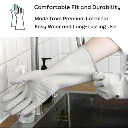 Myungjin 2 Pairs Reusable Waterproof Non-Slip Honeycomb Grip Latex Rubber Gloves with Hang-Dry Hooks/Hanging Loops for Dishwashing Household Cleaning Cooking (Medium OverFit) - size: Medium (OverFit)