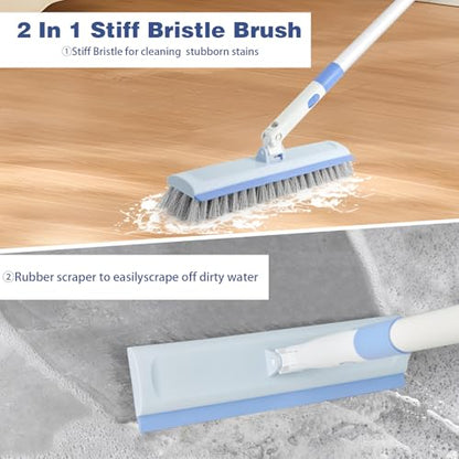 Floor Scrub Brush and V-Shape Grout Brush with Long Handle 3 in 1 Replaceable Head Scrape Brush Stiff Bristle with Swivel Head for Cleaning Tiles Hardwood Floors Patios Blue - color: Blue White