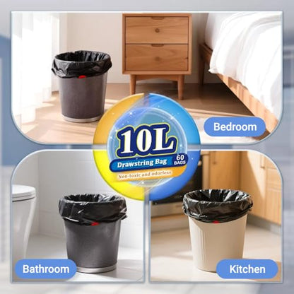 XUXRUS 2.6 Gallon Small Black Bathroom Trash Bags, 60 Count Folded Drawstring Small Garbage Bags, Tear-Resistant & Leak-Proof, Odor Control Liners for Bathroom, Office – Heavy Duty Trash Bags - style: 2.6 GAL-Black-60Counts