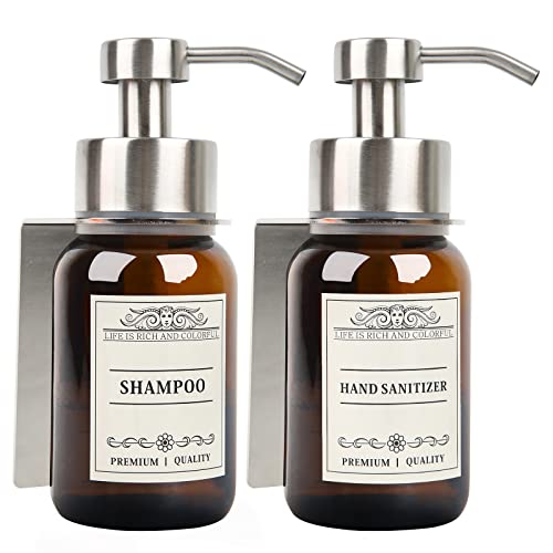 2Pack 8.5oz Brown Glass Bathroom Shampoo Dispenser, Silver Mount | Drill or no-drill setup with screws & adhesive patches; leakproof conditioner pumps for shower or RV. - color: Silver Set of 2