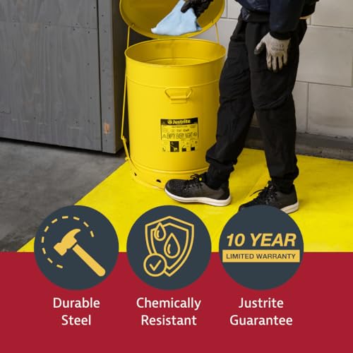 Justrite 21 Gallon Galvanized Steel Oily Waste Can, 23.5" x 18" Metal Oil Rag Safety Can with Foot Operated Self-Closing Lid for Oil Rag Disposal, Made in The USA, Yellow, 09701 - color: Yellow, size: 21 Gallon, style: Foot-Operated Lid