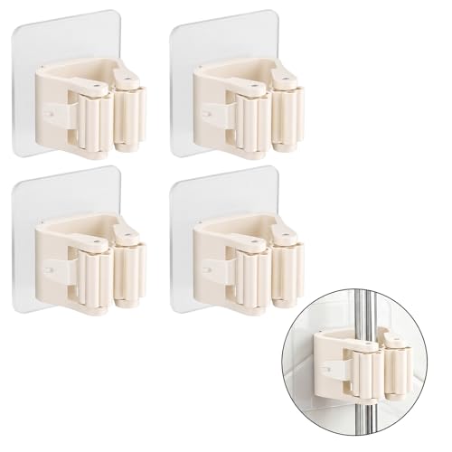 4Pcs Broom Holder Wall Mount Adhesive Mop Hanger No-Drill Strong Hold Hook Waterproof Mop and Broom Organizer Space Saving Storage Rack(White) - color: Beige