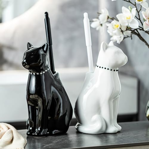 Cat Toilet Brush Holder - Ceramic Whimsical Feline Design with Wide-Mouth Storage, Black Toilet Bowl Brush and Holder Set Cute for Bathroom Ground, Easy-Clean Cat Lover Gift (Black)