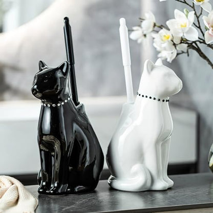 Cat Toilet Brush Holder - Ceramic Whimsical Feline Design with Wide-Mouth Storage, Black Toilet Bowl Brush and Holder Set Cute for Bathroom Ground, Easy-Clean Cat Lover Gift (Black)