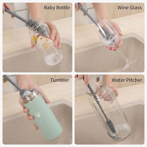 Baby Bottle Brush, Silicone Water Bottle Cleaner Flexible Extra Long Handle Grey Cup Cleaner Brush for Washing Hydro Flasks Sports Tumblers and Deep Narrow Neck Glassware