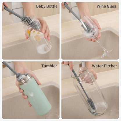Baby Bottle Brush, Silicone Water Bottle Cleaner Flexible Extra Long Handle Grey Cup Cleaner Brush for Washing Hydro Flasks Sports Tumblers and Deep Narrow Neck Glassware