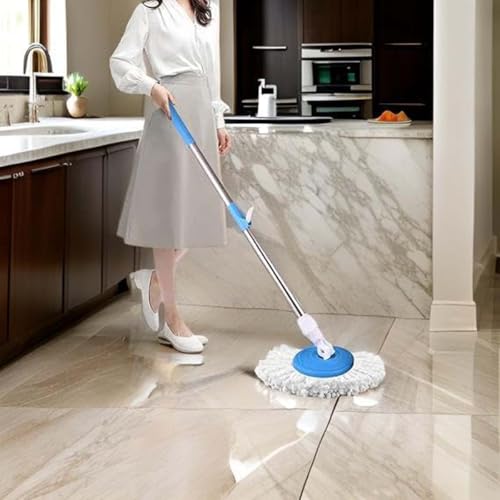 ( 2 Sink Wipper Free ) Indian Home and Kitchen Stainless Spin Mop Stick for Floor Cleaning Without Bucket Telescopic Handle, Microfiber Head, Blue and White