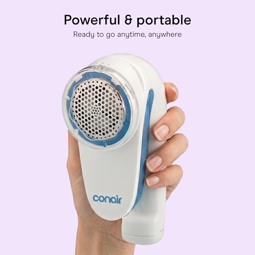 Conair Fabric Shaver and Lint Remover, Battery-Operated Portable Clothes Shaver with 3 Settings, Fuzz Remover for Sweaters, Clothing and Furniture, Large 2-Inch Shaving Head, White | Safely Removes Fuzz and Pilling with 3 Depth Settings for Sweaters and U