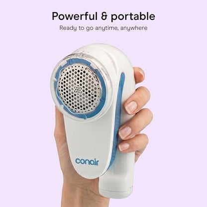 Conair Fabric Shaver and Lint Remover, Battery-Operated Portable Clothes Shaver with 3 Settings, Fuzz Remover for Sweaters, Clothing and Furniture, Large 2-Inch Shaving Head, White | Safely Removes Fuzz and Pilling with 3 Depth Settings for Sweaters and U