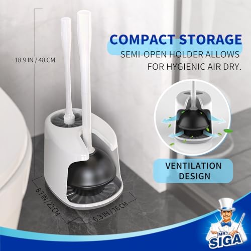 MR.SIGA Toilet Plunger and Bowl Brush with Holder, Heavy Duty Toilet Brush and Plunger Set for Bathroom Cleaning, White, 1 Set - color: White
