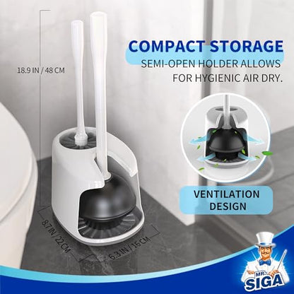 MR.SIGA Toilet Plunger and Bowl Brush with Holder, Heavy Duty Toilet Brush and Plunger Set for Bathroom Cleaning, White, 1 Set - color: White