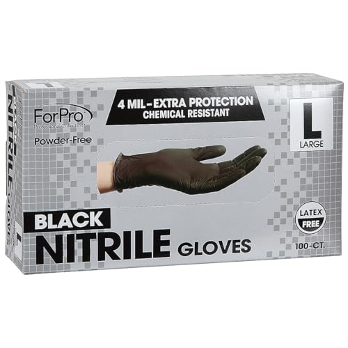 ForPro Disposable Nitrile Gloves, Chemical Resistant, Powder-Free, Latex-Free, Non-Sterile, Food Safe, 4 Mil - color: Black, size: Large (Pack of 100)