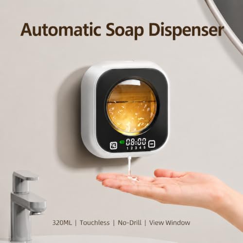 Automatic Liquid Soap Dispenser, Wall Mounted Soap Dispenser, 320ML Electric Touchless Rechargeable, Smart Display & 5‑Level Adjustable, No-Drill Waterproof for Bathroom, Kitchen (White) - color: White