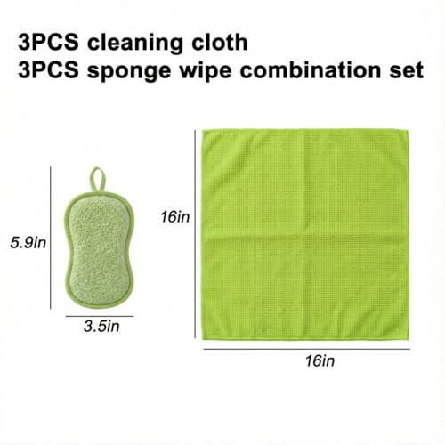 6Pcs Microfiber Cleaning Cloths & Sponges Set - 3Pcs Absorbent Towels + 3Pcs Dual-Sided Scrub Sponges - for Kitchen, Car, Bathroom, Dishes and Hard Surfaces(Green) - color: Green