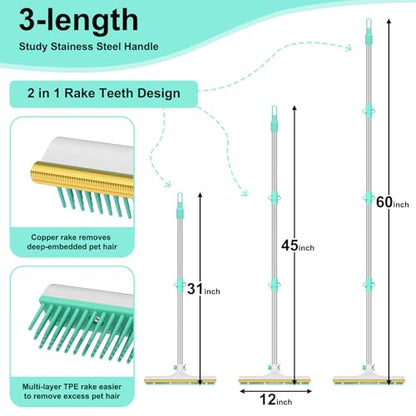 Carpet Rake for Pet Hair Removal - 60" Adjustable Long Handle Carpet Rake, 3 in 1 Reusable Pet Hair Removal Tool Kit, Cat Dog Fur Rakes Scraper Carpet Broom (White) - color: White, size: 60inch
