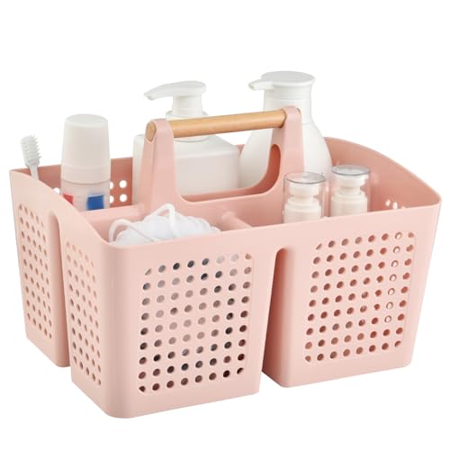 Portable Shower Caddy Basket with Wood Handle, 3-Compartment Bathroom Organizer Tote with Drain Holes, Plastic Shower Basket for Dorm, Toiletries, Cleaning Supplies, Pink - color: Pink