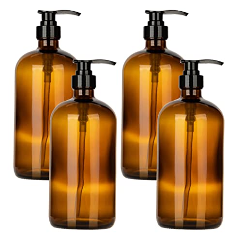 32 Ounce Glass Pump Dispenser Bottle, Large Amber Container with Pump for Shower and Bath Shampoo Soap Conditioner Lotion - 1 Liter - by Kitchentoolz - color: Amber, size: Pack of 4