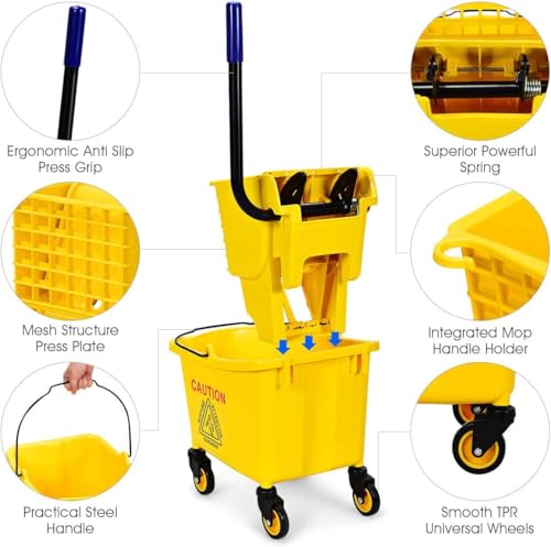 Mop Bucket, Commercial Bucket for Mopping on Wheels with Potable Handle, Mop Bucket with Wringer for Home, Household, Office, Bathroom, Yellow (25 Quarts) - size: 25 Quarts