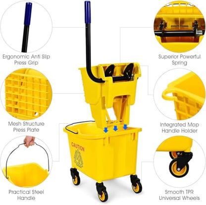 Mop Bucket, Commercial Bucket for Mopping on Wheels with Potable Handle, Mop Bucket with Wringer for Home, Household, Office, Bathroom, Yellow (25 Quarts) - size: 25 Quarts