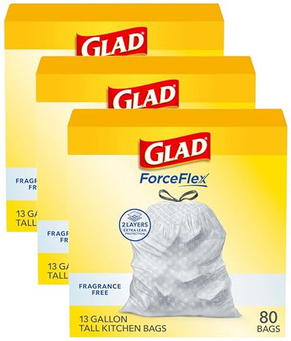 Glad ForceFlex Tall Kitchen Drawstring Trash Bags, 13 Gal, Fragrance Free (Package May Vary) (Pack of 240) - size: 1 Count (Pack of 240)