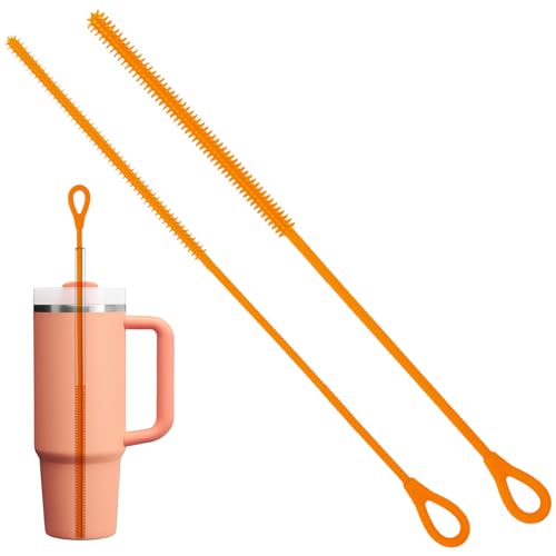 2Pcs Silicone Straw Cleaner Brush, 9.84in Reusable Straw Cleaner with Bendable Steel Core, Extra Long Soft Bottle Brush for Clearing Glass Straws, Smoothie Straws, 9mm&6mm (Orange) - color: Orange