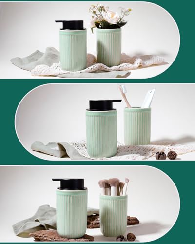 BosilunLife Foam Hand Soap Dispenser - Ceramic Foaming Soap Dispenser for Bathroom 12oz Refillable Liquid Lotion Soap Dispenser with Rust-Proof Foaming Pump for Countertop (Light Green) - color: Light Green Foam Pump