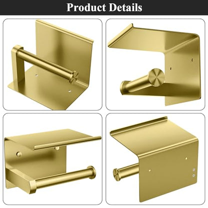 Tindbea Toilet Paper Holder with Phone Shelf, Adhesive or Screw Wall Mount Toilet Tissue Roll Holder, Rustproof & Multifunctional Stainless Steel Bathroom Storage Dispenser (Brushed Gold) - color: E-brushed Gold