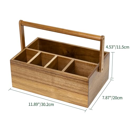VaeFae Acacia Silverware Caddy with Handle, Wooden Utensil Holder, Mulip-pose Organizer for Kitchen, Office, Bathroom, Bedroom (Large, 5 compartments) - size: Large, 5 compartments