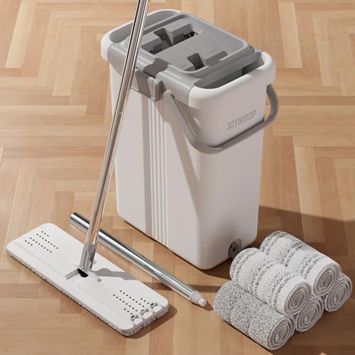 JOYMOOP Flat Mop System, Microfiber Mop and Bucket Set, White, Hands-Free Floor Cleaning Mop for Household & Commercial Use, Wet and Dry Cleaning, Includes 3 Washable Pads - color: White Max551