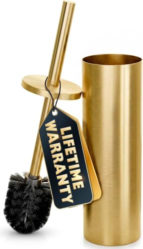 Gold Toilet Brush and Holder Set - Stainless Steel Gold Toilet Bowl Brush and Holder with Replaceable Head, Removable Inner Bowl, and Splash Guard - Dense Bristles for Thorough Cleaning - color: Gold