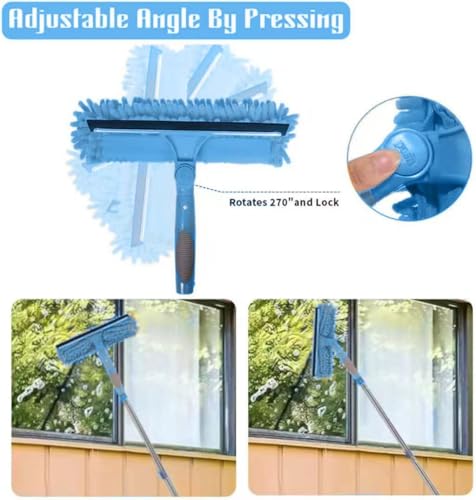 68'' Window Squeegee Cleaner Kit - 2-in-1 Rotatable Window Cleaning Tool with Extension Pole, Professional Streak-Free Squeegee with Bendable Head for Indoor/Outdoor Windows Car Glass (Blue, 38.45FT) - color: Blue