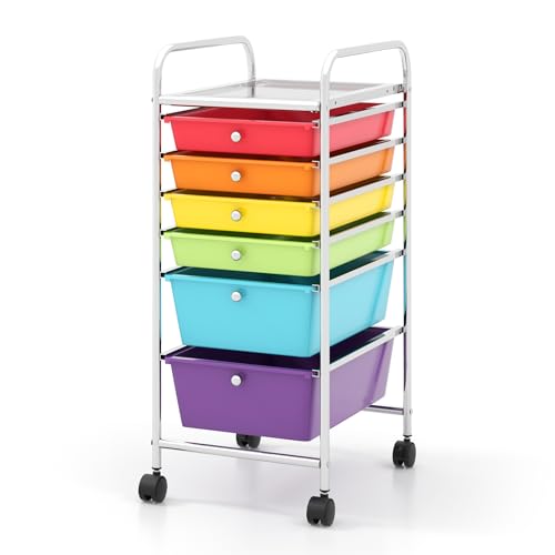 COSTWAY 6-Drawer Rolling Storage Cart, Multifunctional Art Craft Tools Organizer on Wheels, Heavy Duty Utility Mobile Storage Trolley w/ 2 Lockable Wheels for Home Office School (Multi-color) - color: Multicolor, size: 6 Drawer