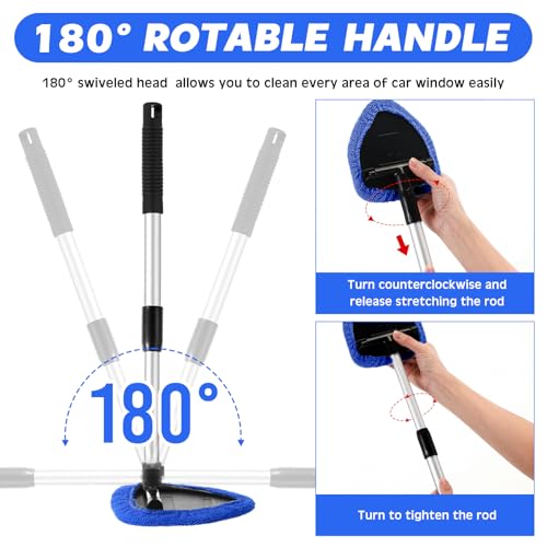 Potchen 8 Pcs Car Windshield Cleaner Tool Kit with Extendable Handle, Microfiber Towel Pads, Brush, Empty Spray Bottle for Auto Glass Wiper Suvs Rvs & Home Windows(Blue) - color: Blue