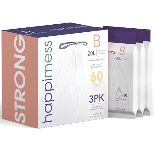 happimess 5.3 Gallon (20L) Drawstring Trash Bags, Unscented, White, Heavy Duty LDPE Liners for Kitchen and Household, Custom Fit 60 Count (3 Packs of 20 Liners) HPM3000B-WHITE - color: White, size: 60 Count (Pack of 1)