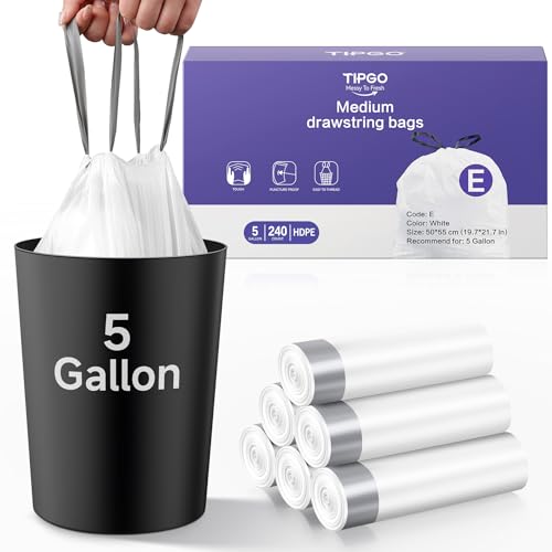TIPGO 5 Gallon Trash Bags Drawstring, Pre-Cut Strong Wastebasket Bin Liners, White Garbage Bags for Home, Office, Bathroom (Code E, 240 Count) - color: 5gal-240