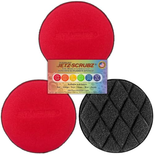 Jetz-Scrubz Scratch-Free Kitchen Scrubber Sponge – Dual Sided Non-Scratch Dish Cleaning Sponge for Cookware, Dishes & Kitchen Surfaces – Odor Resistant, Reusable – Round Scrub Sponges (3 Pack, Red) - color: Red