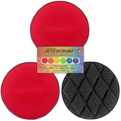Jetz-Scrubz Scratch-Free Kitchen Scrubber Sponge – Dual Sided Non-Scratch Dish Cleaning Sponge for Cookware, Dishes & Kitchen Surfaces – Odor Resistant, Reusable – Round Scrub Sponges (3 Pack, Red) - color: Red