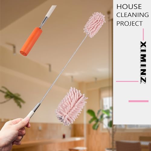 Pink Retractable Microfiber Duster for Cleaning Extendable Washable Hand Duster Feather Duster Cleaning Tool for Cleaning Office, Car, Window, Computer, Air Condition - color: Pink