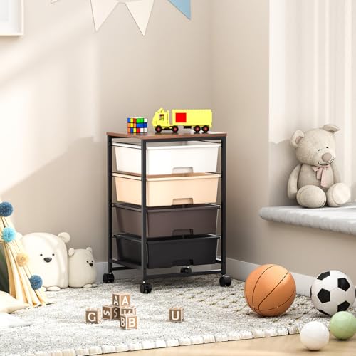 SYKIARIOL Utility Cart with 4 Drawers,Rolling Storage Cart with Drawers,Storage Rolling Drawer Cart,Brown - color: Dark Brown