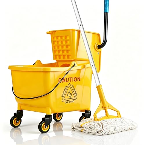 33 Qt Commercial Mop Bucket, with Side-Press Wringer on Wheels. Includes an Industrial Mop. Yellow Industrial Mop Bucket, Suitable for Home, Commercial, Restaurant Cleaning