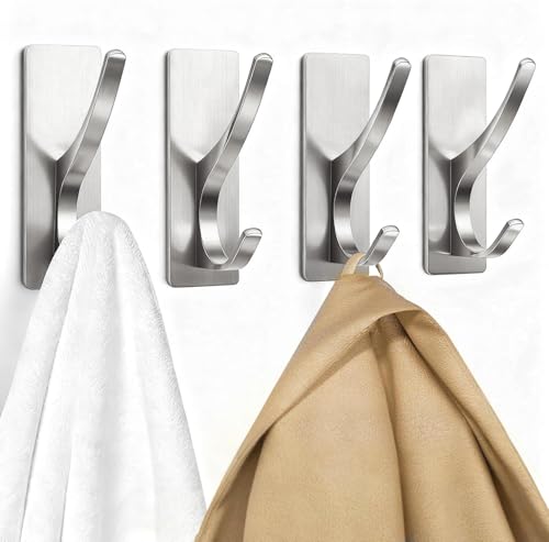 pickpiff Brushed Nickel Self Adhesive Coat Hooks for Hanging: 13LB Extra Strong Stainless Wall Hook for Towel, Utensil, Backpack, Hat, Sturdy Metal Hanger for Bathroom, Kitchen, Door, 4 Pack - color: Brushed Nickel, size: 4 Pack