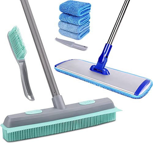 Conliwell Rubber Broom Carpet Rake for Pet Hair, Fur Remover Broom with Squeegee and 18" Professional Microfiber Mop Floor Cleaning System